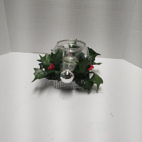 Handmade Christmas Holly & Silver Single Candle Holder Centerpiece - Picture 2 of 2